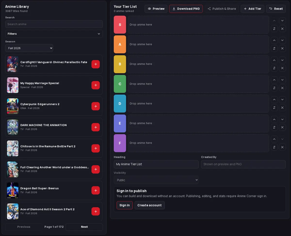 Anime Corner Tier List Builder screenshot